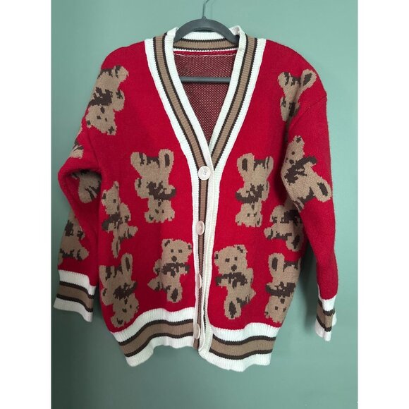 Red Cider Women’s Small Sweater Red Teddy Bear Print Cozy Retro Y2K Christmas - Picture 1 of 7